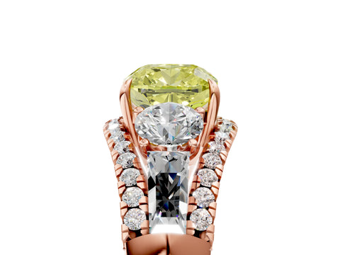 Rose gold Three-Stone Fancy Yellow Cushion Cut Diamond Engagement Ring with Pave Band and Prong Setting_17