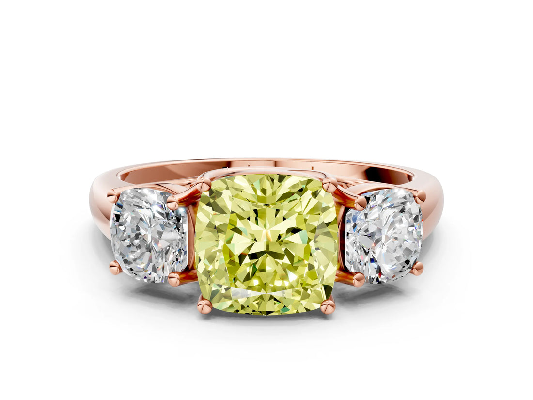 Rose gold Three-Stone Fancy Yellow Cushion Cut Diamond Engagement Ring with Prong Setting_3