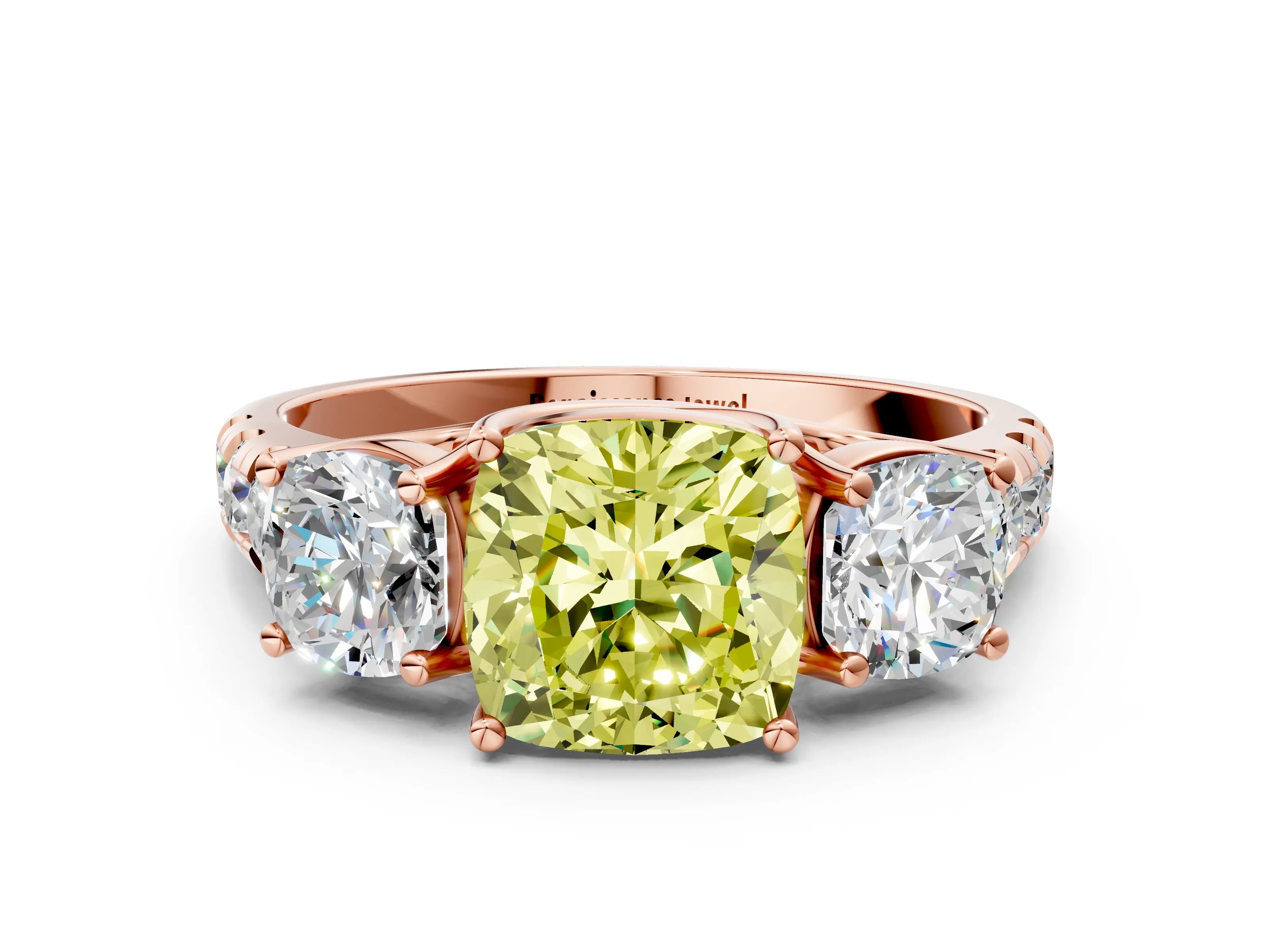 Rose gold Three-Stone Fancy Yellow Cushion Cut Diamond Pavé Band with Prong Setting