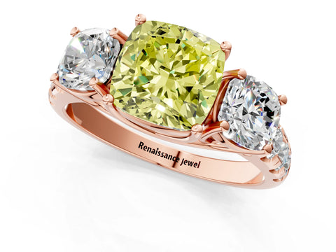 Rose gold Three-Stone Fancy Yellow Cushion Cut Diamond Pavé Band with Prong Setting_1