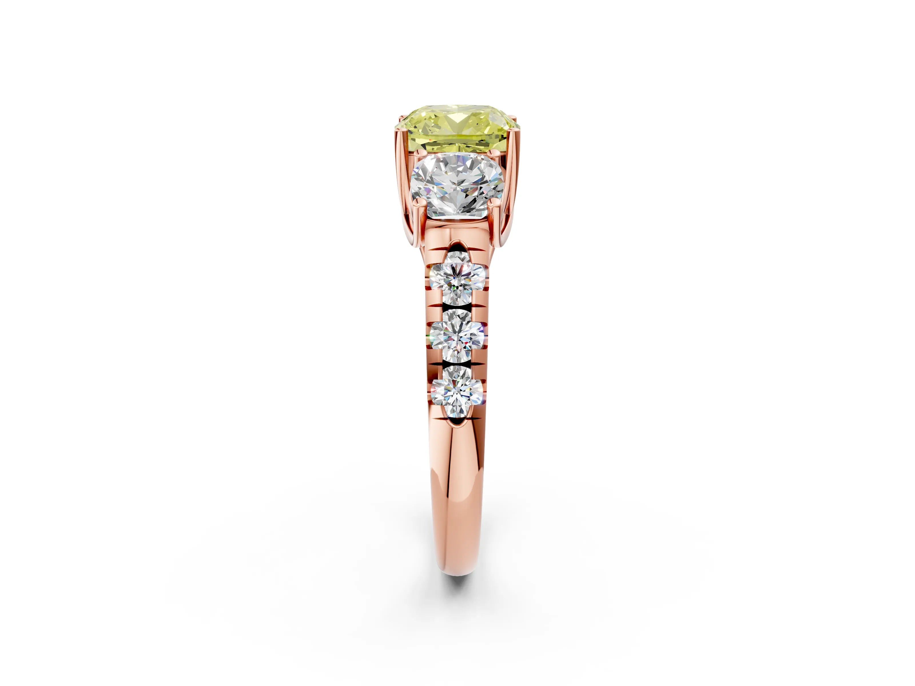 Rose gold Three-Stone Fancy Yellow Cushion Cut Diamond Pavé Band with Prong Setting_2