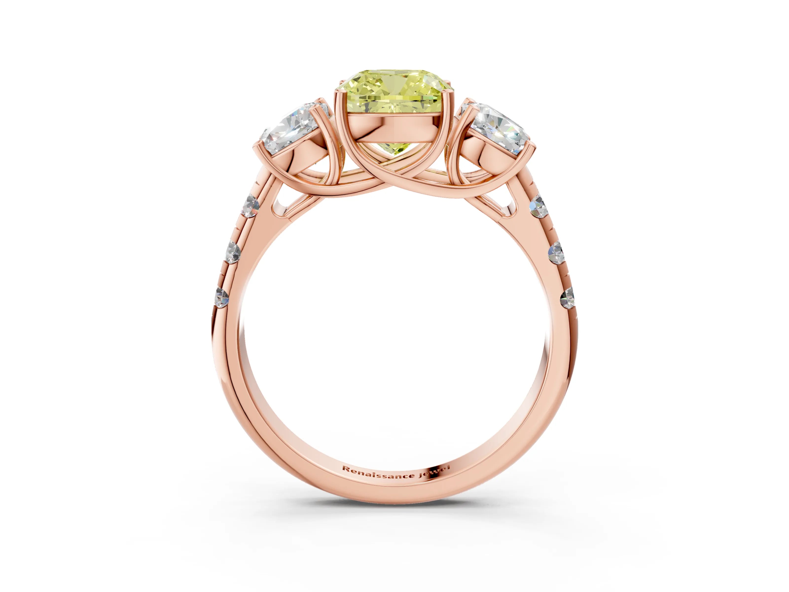 Rose gold Three-Stone Fancy Yellow Cushion Cut Diamond Pavé Band with Prong Setting_3