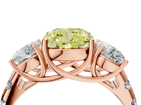 Rose gold Three-Stone Fancy Yellow Cushion Cut Diamond Pavé Band with Prong Setting_4