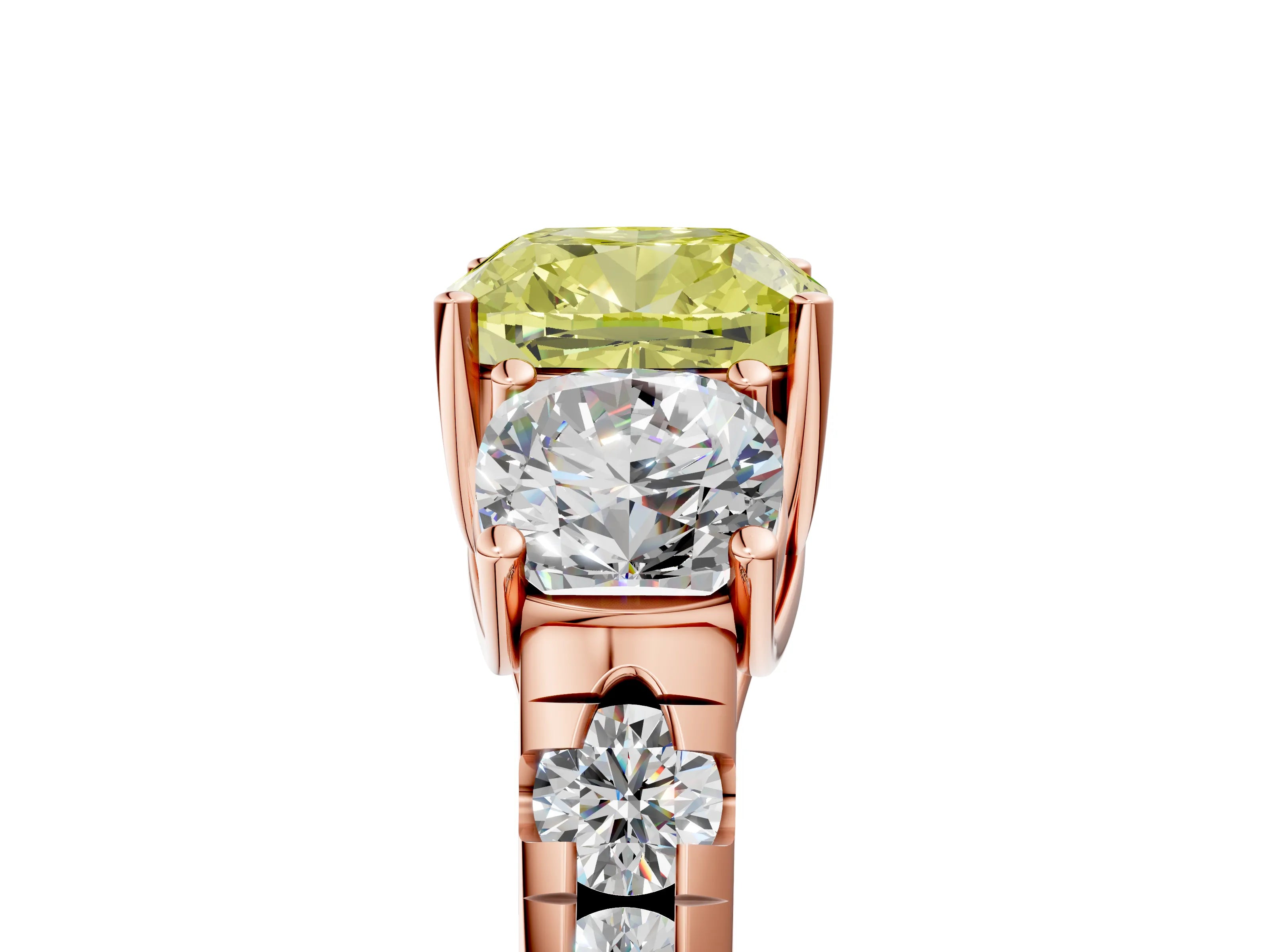 Rose gold Three-Stone Fancy Yellow Cushion Cut Diamond Pavé Band with Prong Setting_5