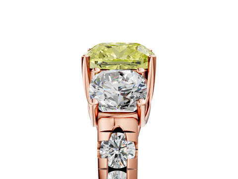 Rose gold Three-Stone Fancy Yellow Cushion Cut Diamond Pavé Band with Prong Setting_5