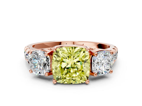 Rose gold Three-Stone Fancy Yellow Cushion Cut Diamond Pavé Band with Prong Setting