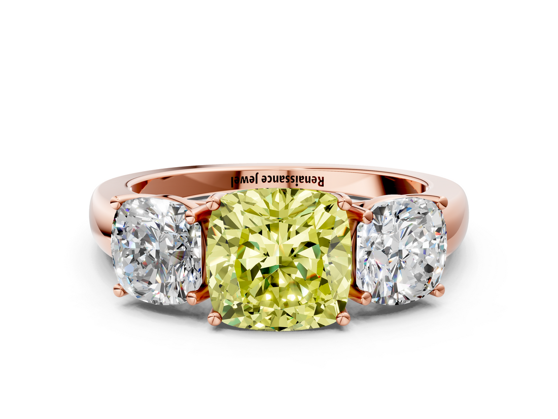 Rose gold Three-Stone Fancy Yellow Cushion  Cut Diamond Ring with Channel-Set Band and Four-Prong Setting_48