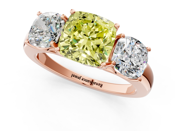 Rose gold Fancy Yellow Cushion Cut Diamond Three-Stone Ring with Four-Prong Setting and Classic Band