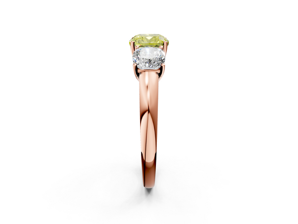 Rose gold Fancy Yellow Cushion Cut Diamond Three-Stone Ring with Four-Prong Setting and Classic Band