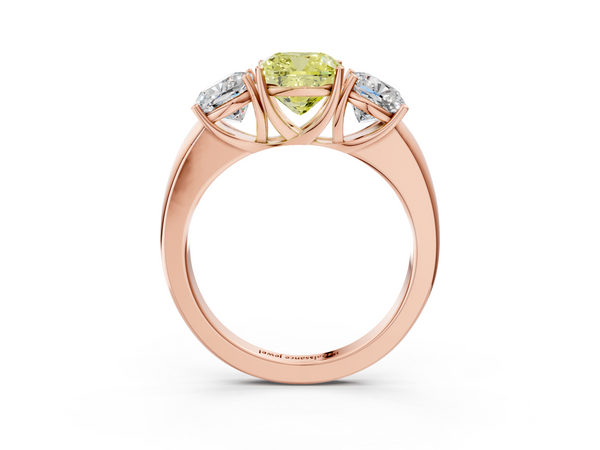 Rose gold Fancy Yellow Cushion Cut Diamond Three-Stone Ring with Four-Prong Setting and Classic Band