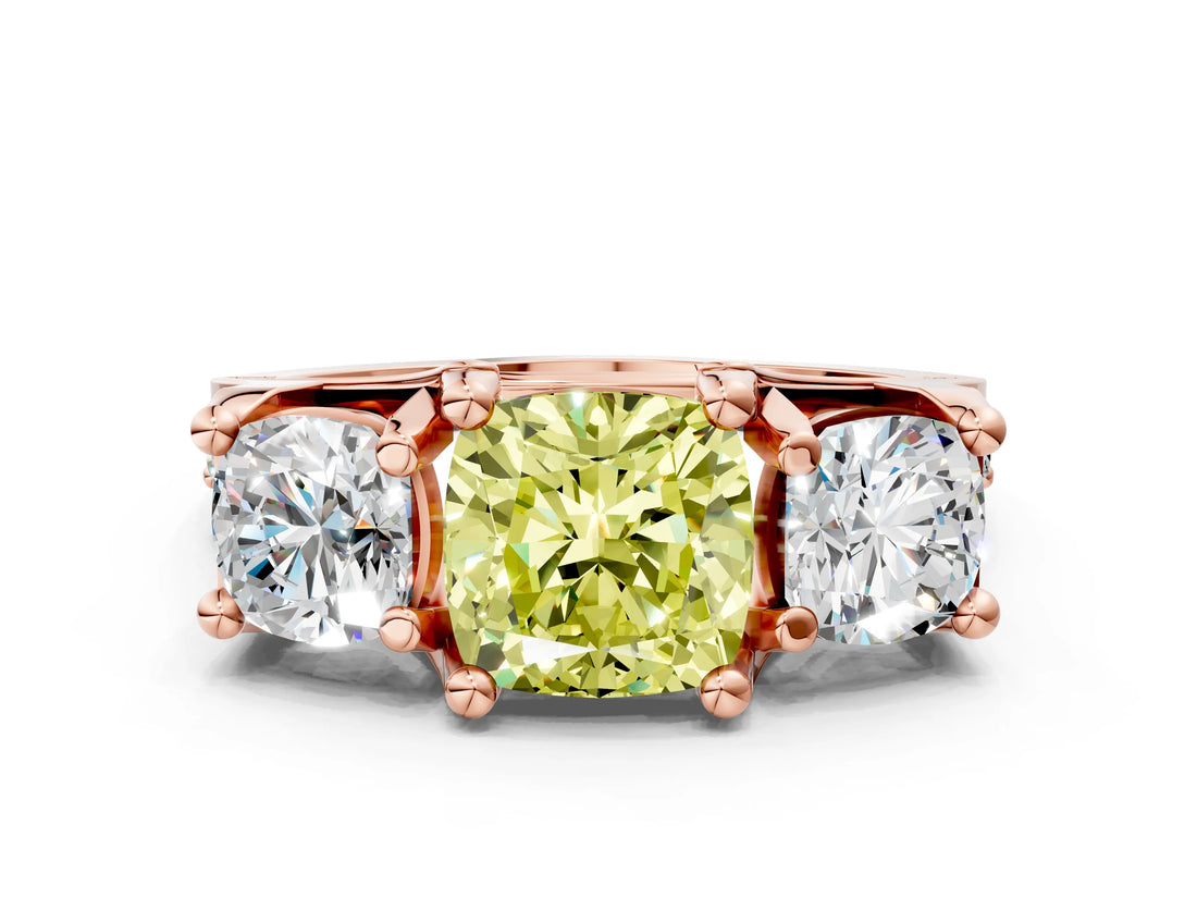 Rose gold Three-Stone Fancy Yellow Cushion  Cut Diamond Ring with Channel-Set Band and Four-Prong Setting_51