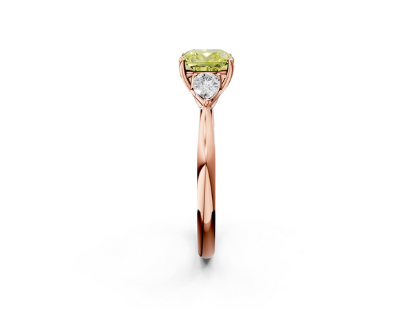 Rose gold Three-Stone Fancy Yellow Cushion  Cut Diamond Ring with Pear Side Stones in Four-Prong Setting