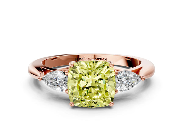 Rose gold Three-Stone Fancy Yellow Cushion Cut Diamond Ring with Pear  Side Stones in Four-Prong Setting
