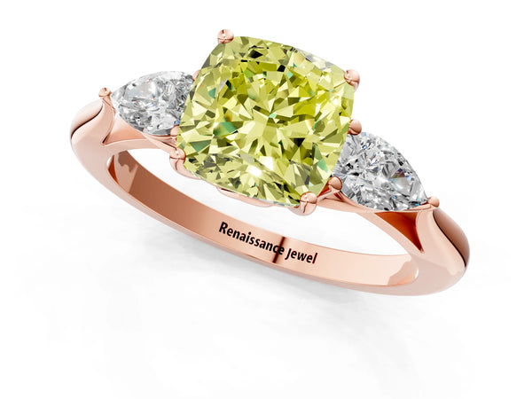 Rose gold Three-Stone Fancy Yellow Cushion Cut Diamond Ring with Pear  Side Stones in Four-Prong Setting