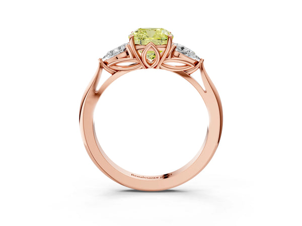 Rose gold Three-Stone Fancy Yellow Cushion Cut Diamond Ring with Pear  Side Stones in Four-Prong Setting