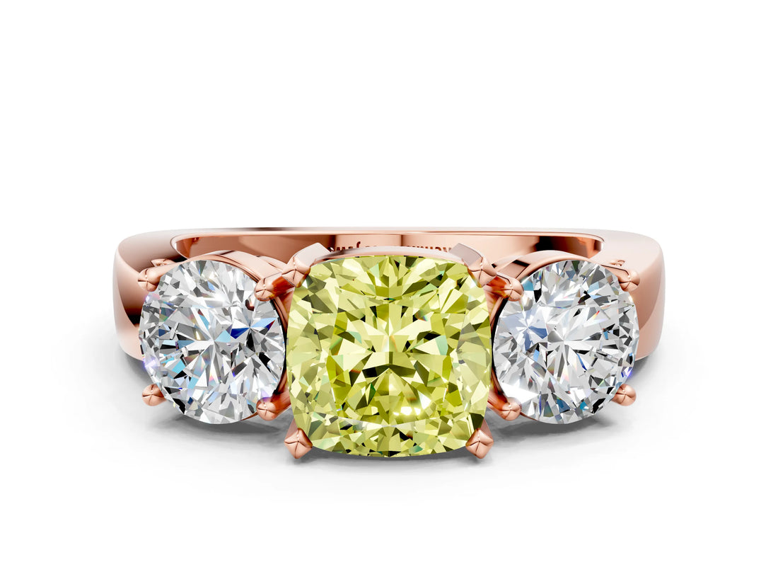 Rose gold Three-Stone Fancy Yellow Cushion Cut Diamond Ring with Round Side Stones, Classic Band, and Four-Prong Setting