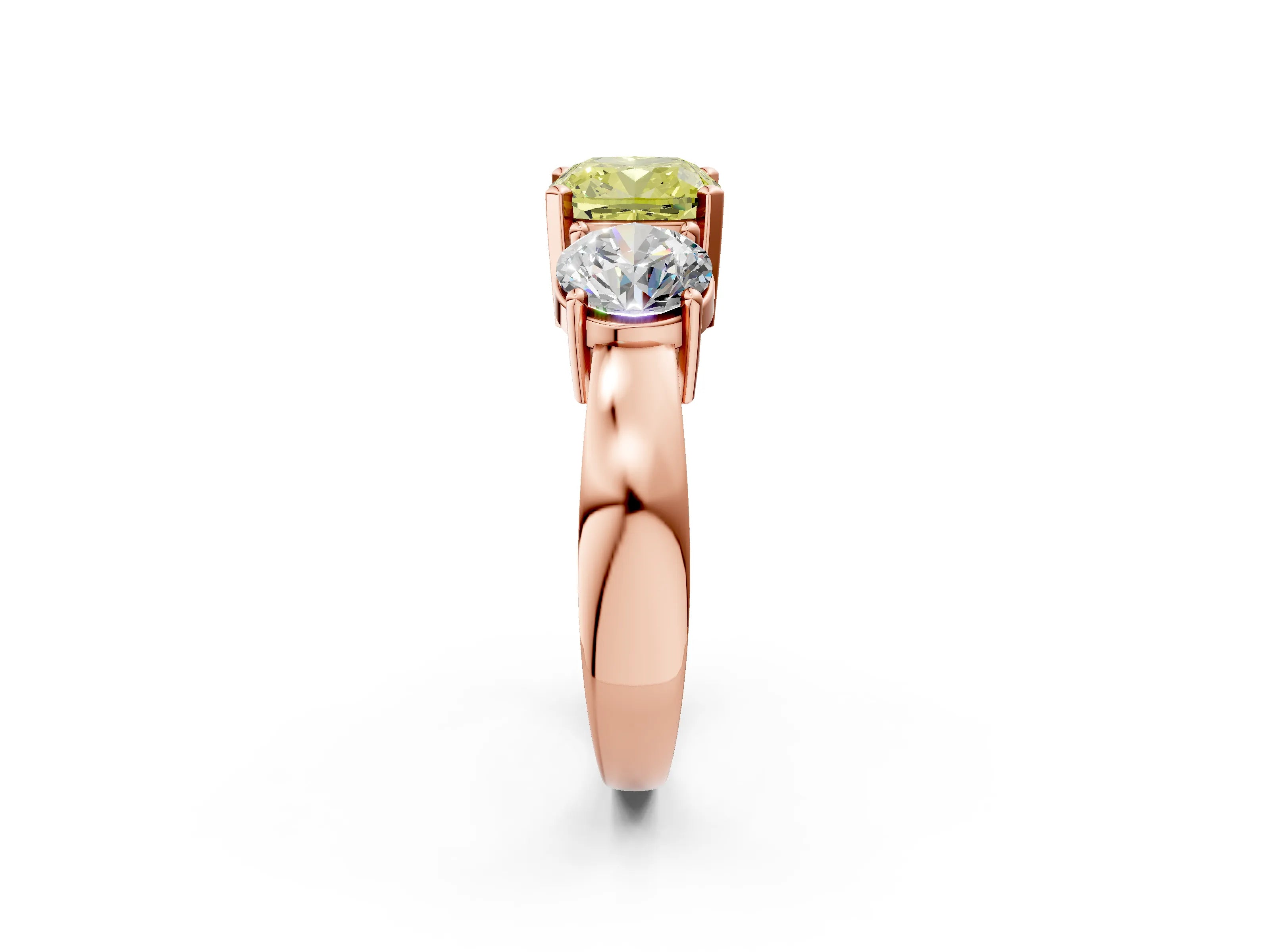 Rose gold Three-Stone Fancy Yellow Cushion Cut Diamond Ring with Round Side Stones, Classic Band, and Four-Prong Setting_2