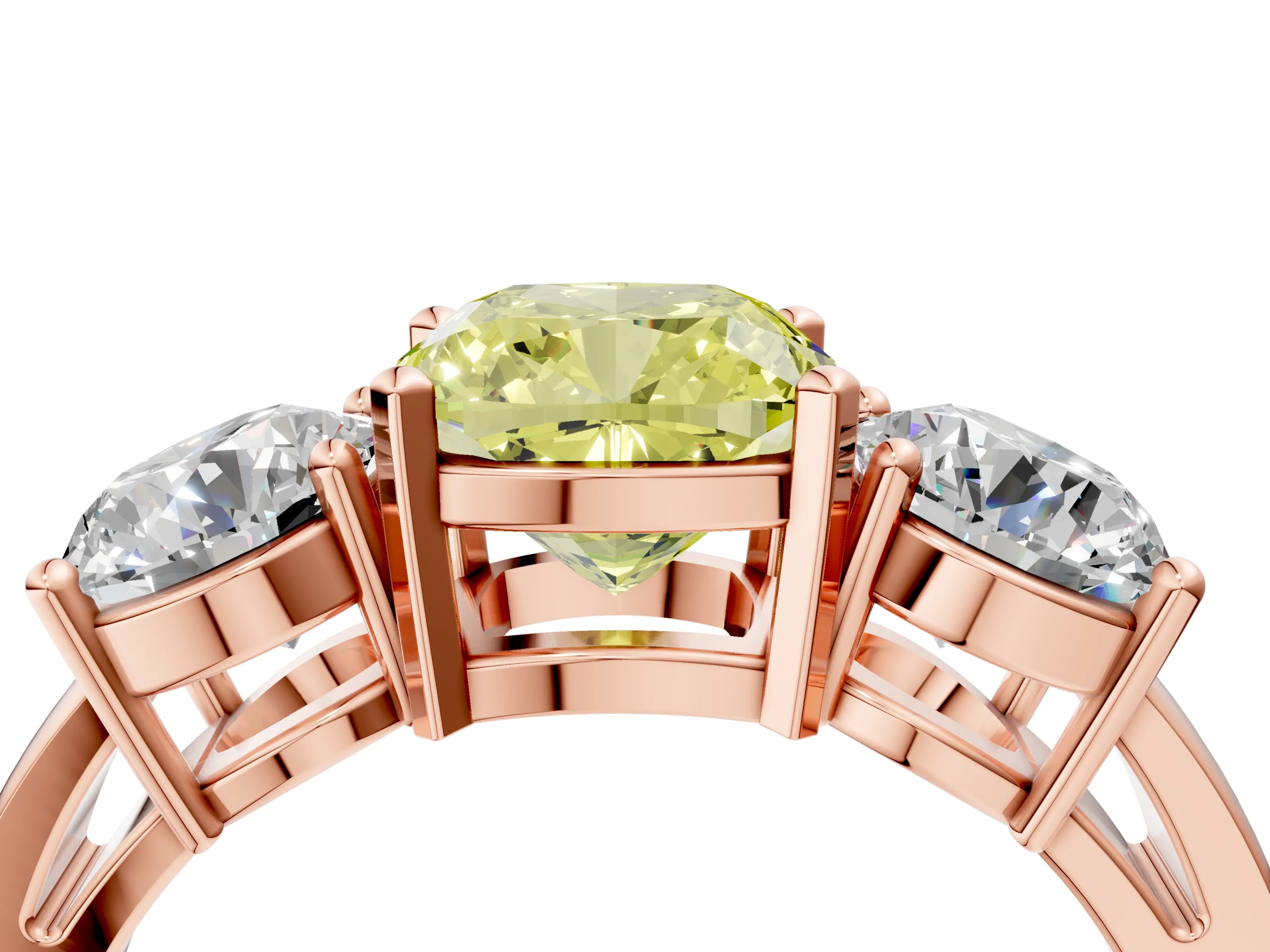 Rose gold Three-Stone Fancy Yellow Cushion Cut Diamond Ring with Round Side Stones, Classic Band, and Four-Prong Setting_4