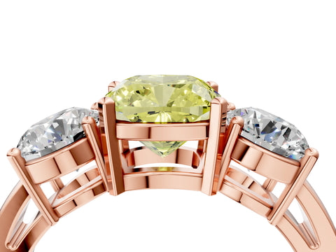 Rose gold Three-Stone Fancy Yellow Cushion Cut Diamond Ring with Round Side Stones, Classic Band, and Four-Prong Setting_4