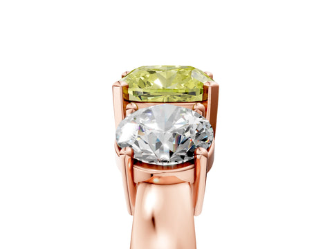 Rose gold Three-Stone Fancy Yellow Cushion Cut Diamond Ring with Round Side Stones, Classic Band, and Four-Prong Setting_5