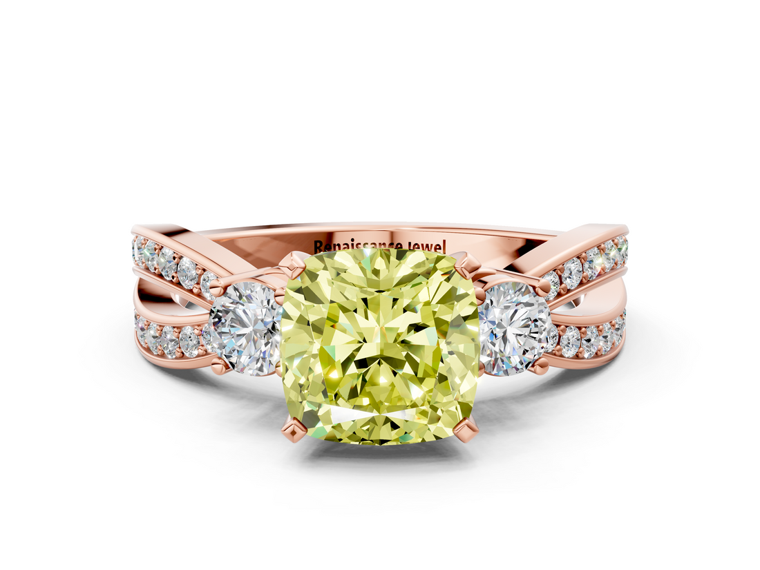 Rose gold Three-Stone Fancy Yellow Cushion  Cut Diamond Twist Band with Prong Setting_64