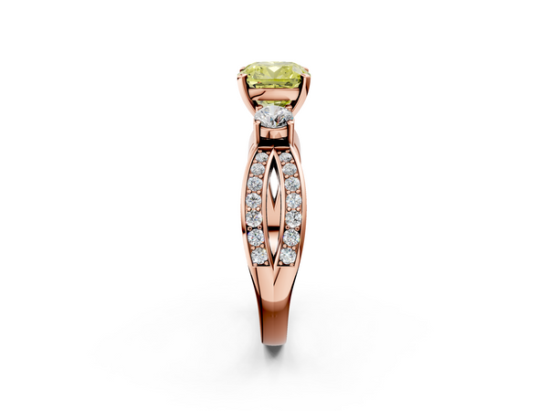 Rose gold Three-Stone Fancy Yellow Cushion  Cut Diamond Twist Band with Prong Setting