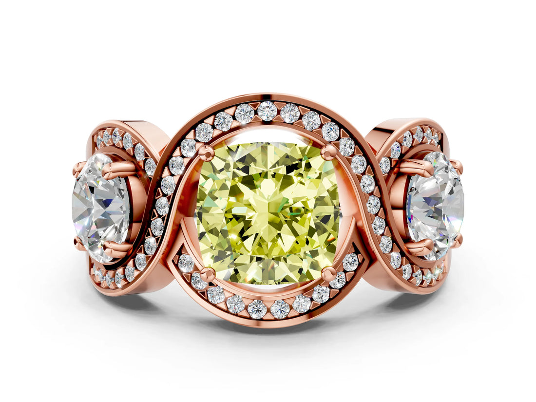 Rose gold Three-Stone Fancy Yellow Cushion Cut Diamond Wave Pave Band with Prong Setting_24