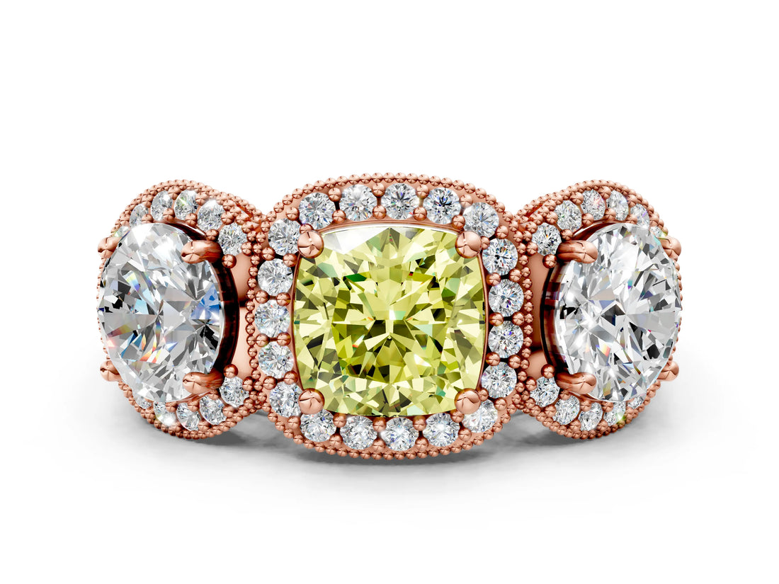 Rose gold Three-Stone Fancy Yellow Cushion Cut Halo Diamond Milgrain Band with Four-Prong Setting