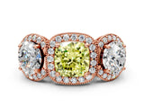Rose gold Three-Stone Fancy Yellow Cushion Cut Halo Diamond Milgrain Band with Four-Prong Setting