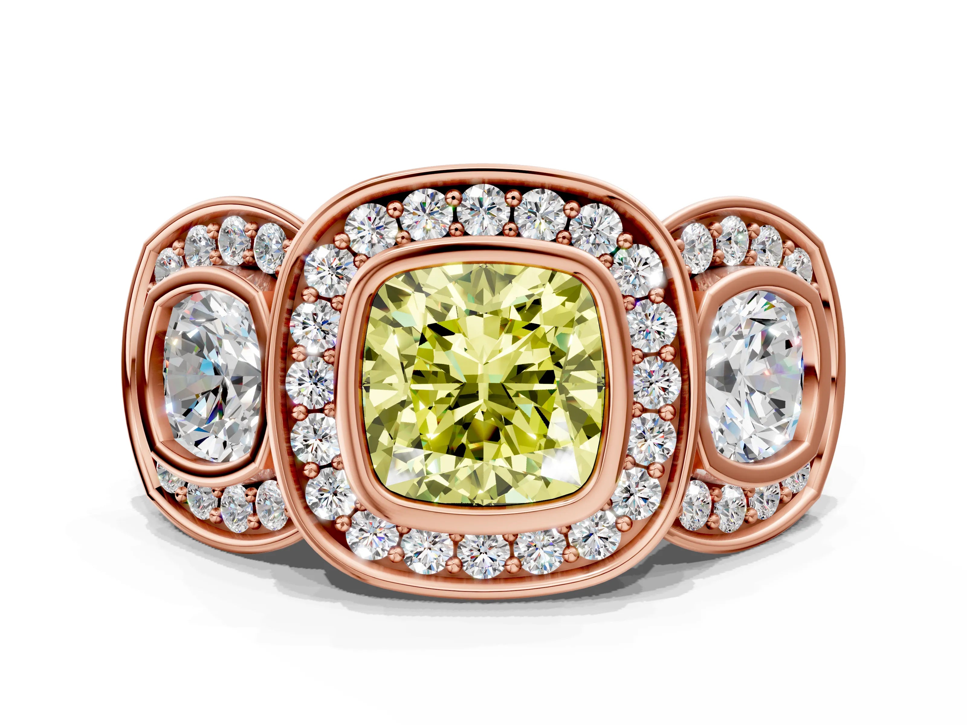Rose gold Three-Stone Fancy Yellow Cushion Cut Halo Pavé Diamond Ring