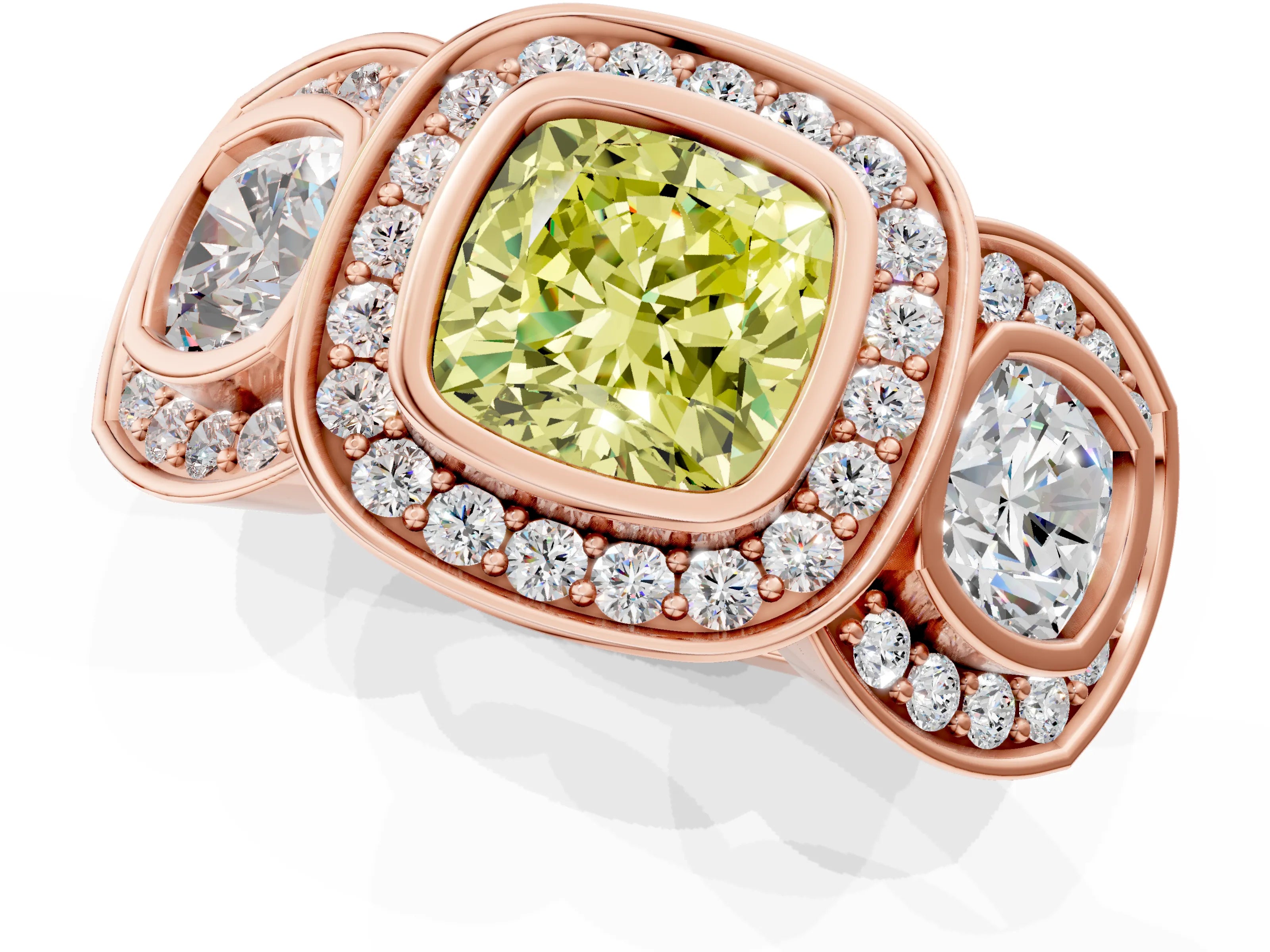 Rose gold Three-Stone Fancy Yellow Cushion Cut Halo Pavé Diamond Ring_1