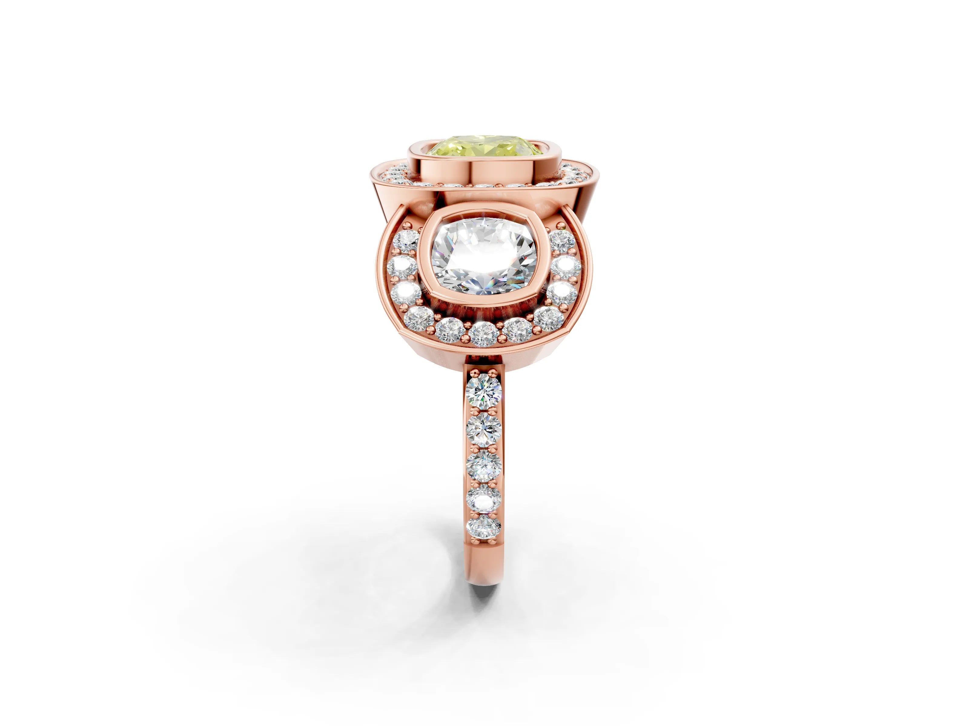 Rose gold Three-Stone Fancy Yellow Cushion Cut Halo Pavé Diamond Ring_2