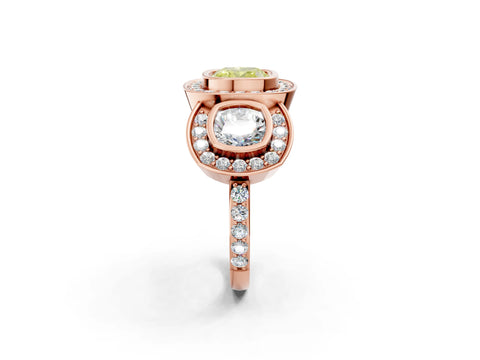 Rose gold Three-Stone Fancy Yellow Cushion Cut Halo Pavé Diamond Ring_2