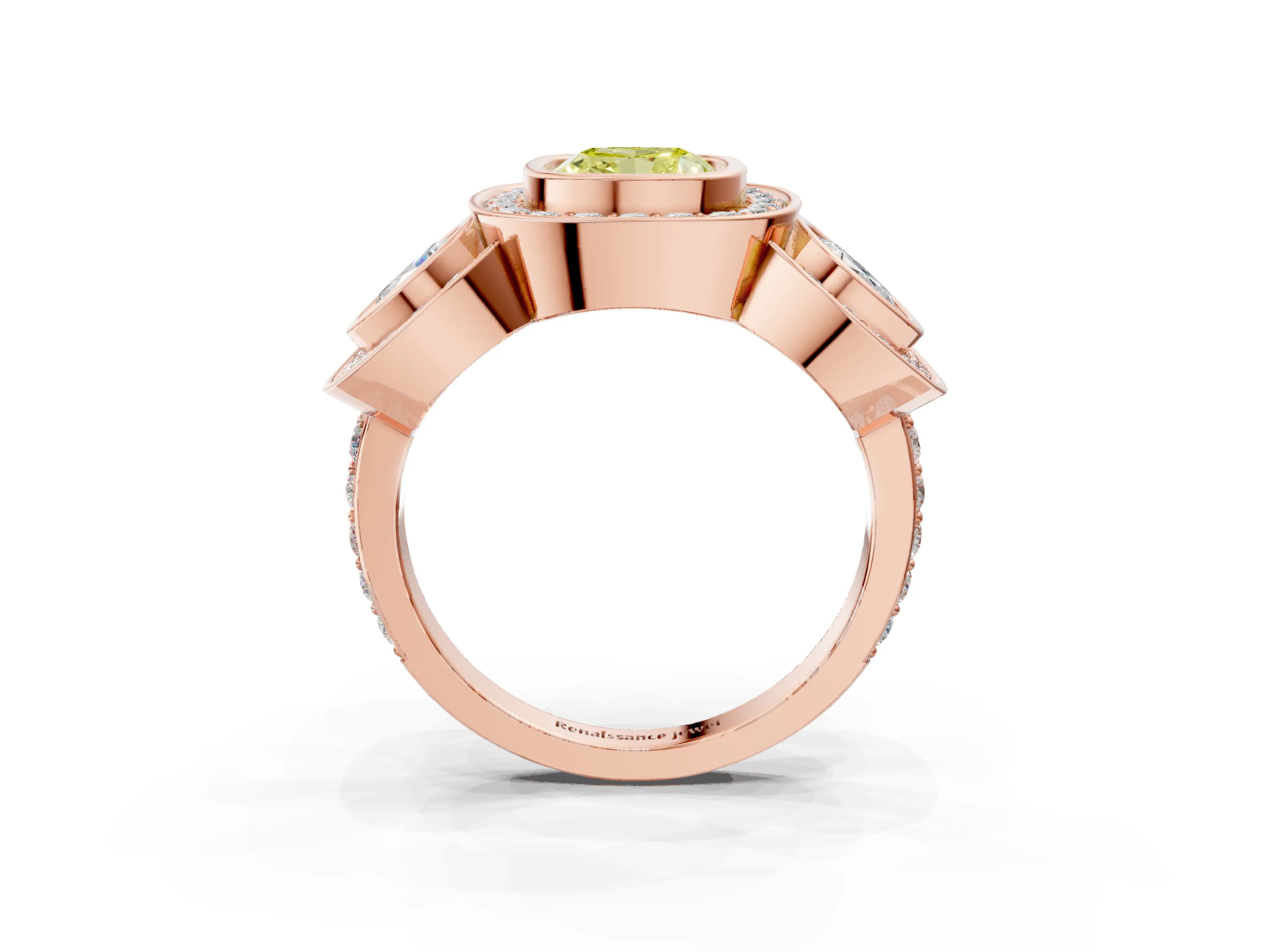 Rose gold Three-Stone Fancy Yellow Cushion Cut Halo Pavé Diamond Ring_3