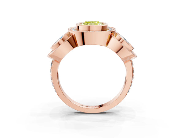 Rose Gold Cushion Cut Bezel Three Stone Halo Engagement Ring Setting for Fancy Yellow Center