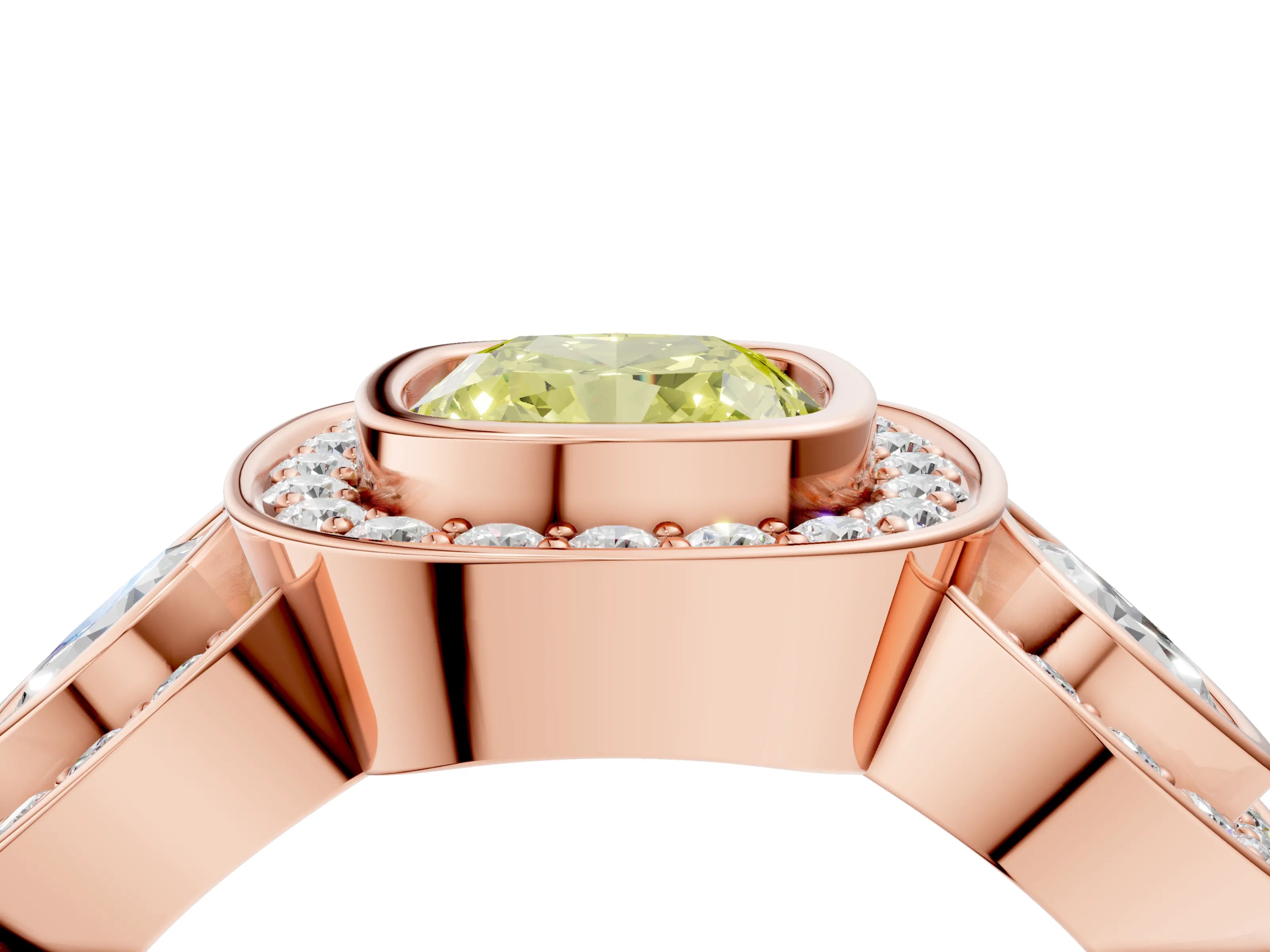 Rose gold Three-Stone Fancy Yellow Cushion Cut Halo Pavé Diamond Ring_4