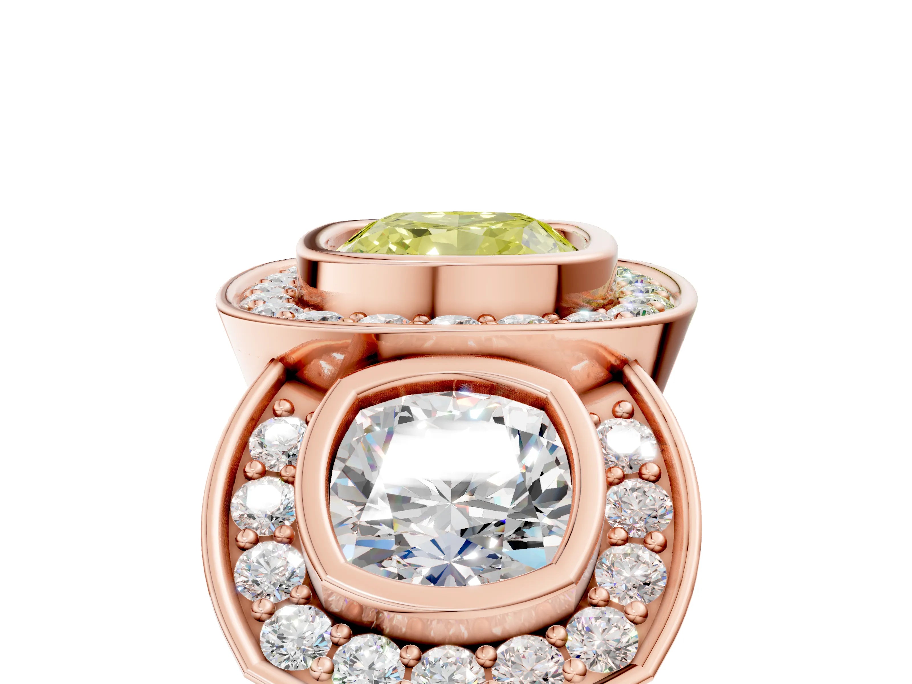 Rose gold Three-Stone Fancy Yellow Cushion Cut Halo Pavé Diamond Ring_5