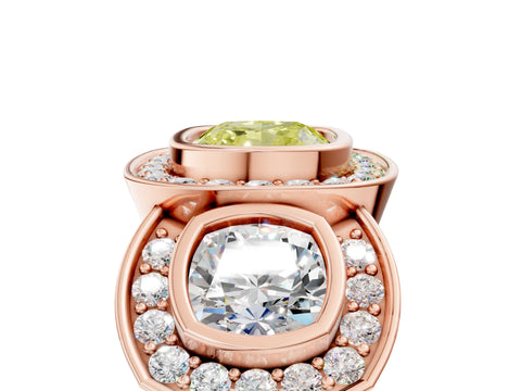 Rose gold Three-Stone Fancy Yellow Cushion Cut Halo Pavé Diamond Ring_5