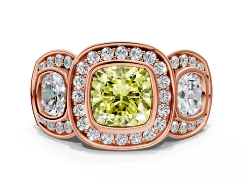 Rose gold Three-Stone Fancy Yellow Cushion Cut Halo Pavé Diamond Ring