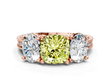 Rose gold Three-Stone Fancy Yellow Cushion  Diamond Milgrain Pave Band with Prong Setting