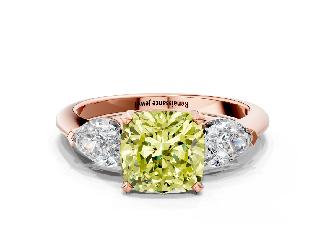 Rose gold Three-Stone Fancy Yellow Cushion  Diamond Ring with Pear Side Stones in Four-Prong Setting_51
