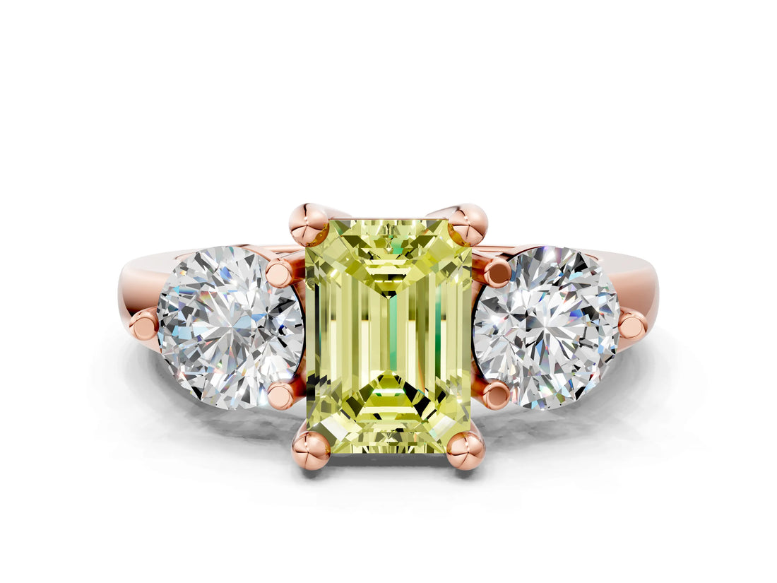 Rose gold Three-Stone Fancy Yellow Emerald  Brilliant Cut Solitaire Ring with Prong Setting on a Classic Band 1