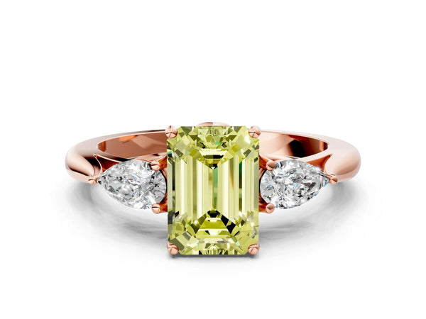 Rose gold Three-Stone Fancy Yellow Emerald Cut Brilliant Diamond Solitaire Ring with Tapered Band and Four-Prong Setting