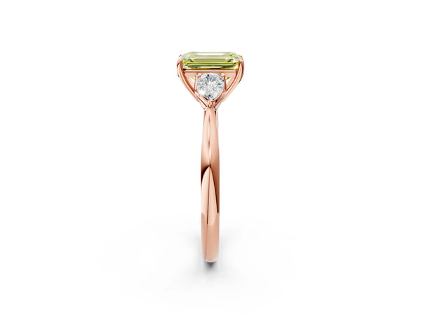 Rose gold Three-Stone Fancy Yellow Emerald Cut Brilliant Diamond Solitaire Ring with Tapered Band and Four-Prong Setting