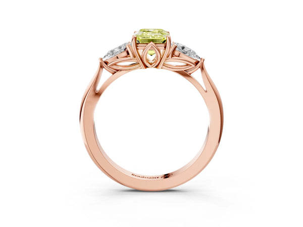 Rose gold Three-Stone Fancy Yellow Emerald Cut Brilliant Diamond Solitaire Ring with Tapered Band and Four-Prong Setting