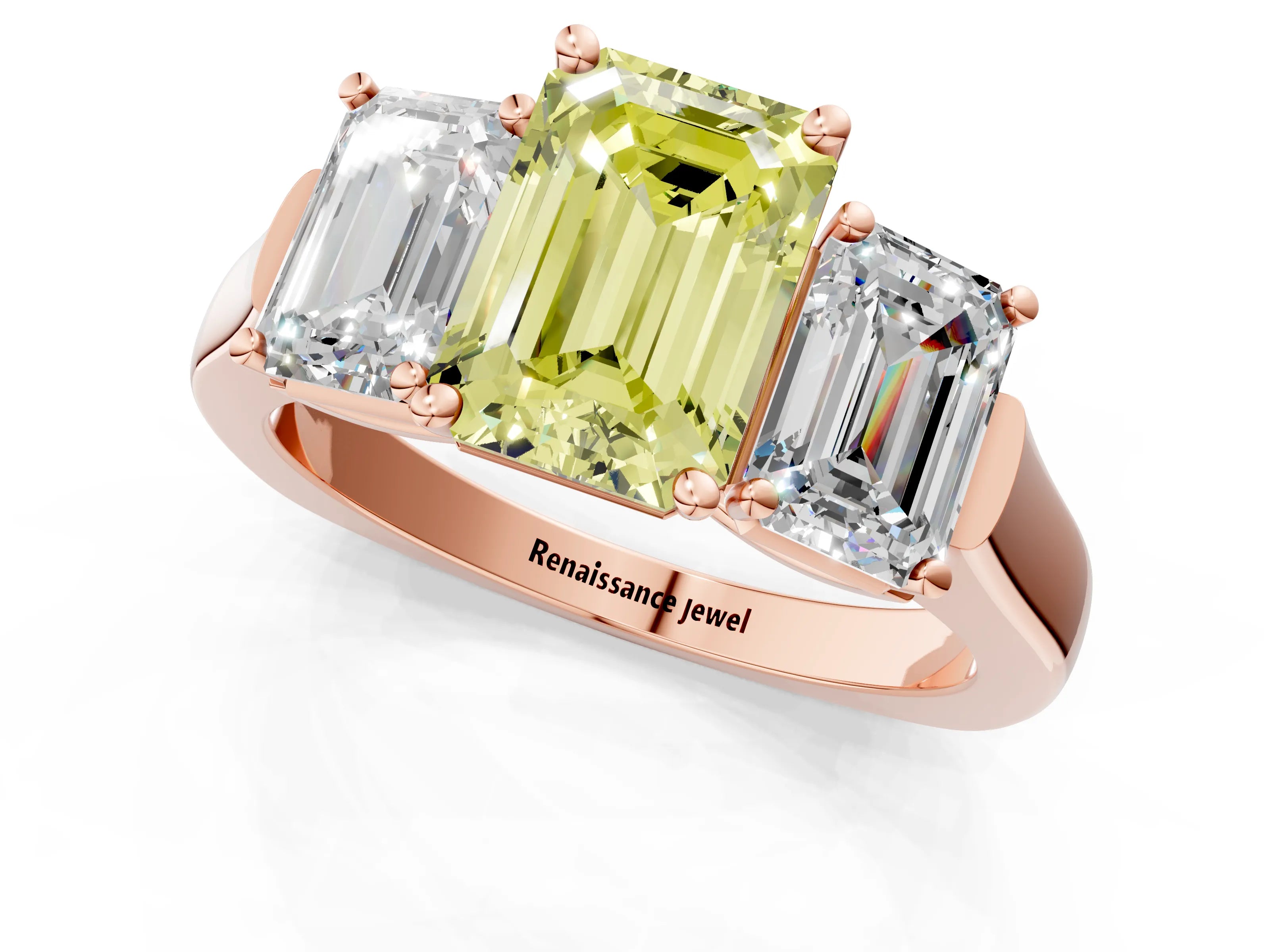 Rose gold Three-Stone Fancy Yellow Emerald Cut Brilliant Diamond Trellis Ring with Comfort Fit Band_1