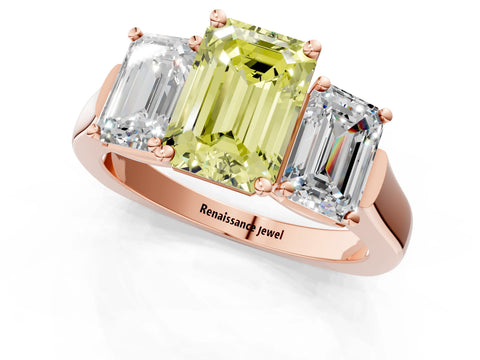 Rose gold Three-Stone Fancy Yellow Emerald Cut Brilliant Diamond Trellis Ring with Comfort Fit Band_1