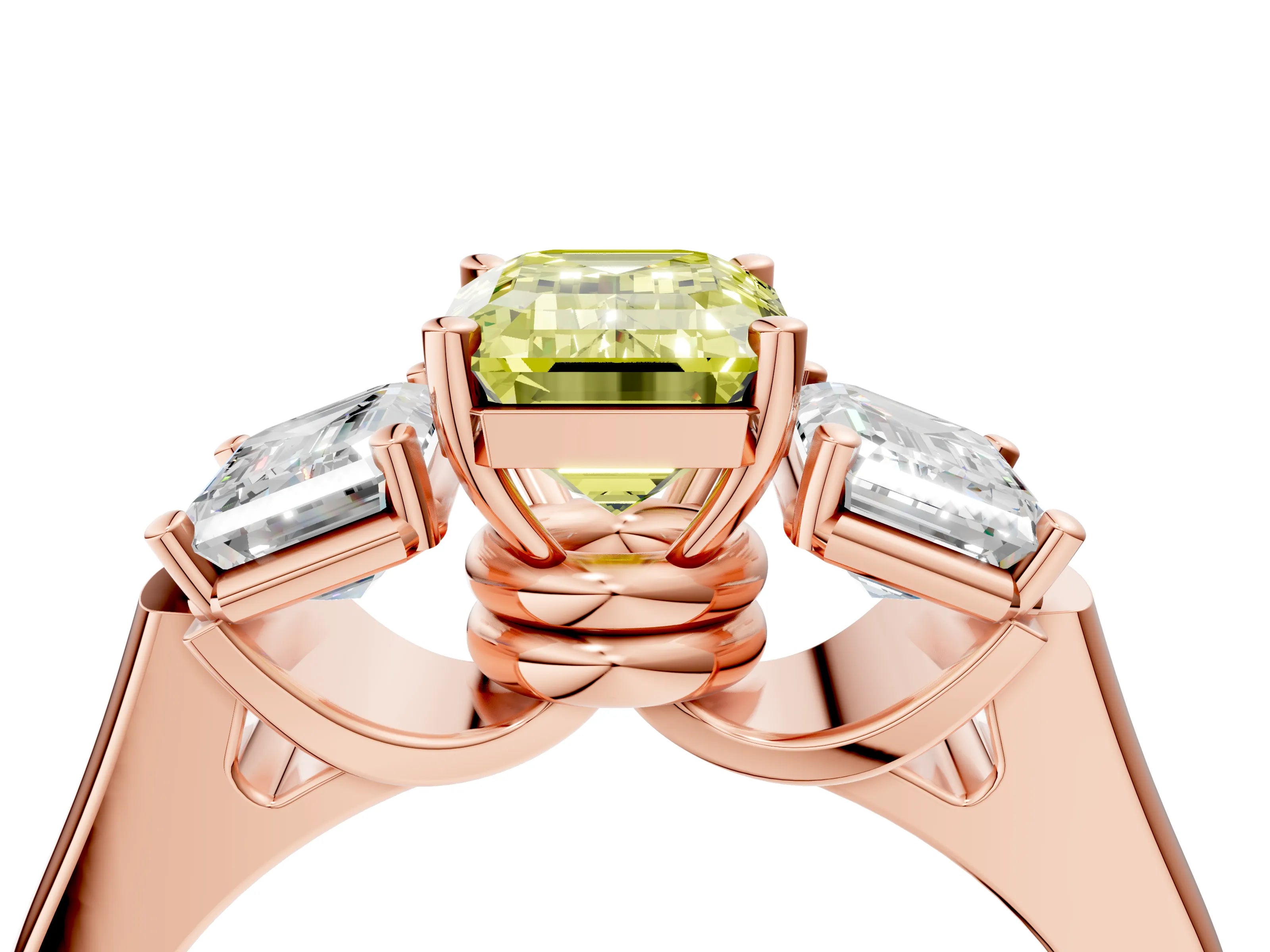 Rose gold Three-Stone Fancy Yellow Emerald Cut Brilliant Diamond Trellis Ring with Comfort Fit Band_4