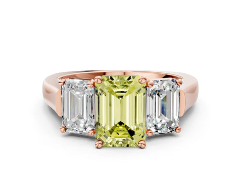 Rose gold Three-Stone Fancy Yellow Emerald Cut Brilliant Diamond Trellis Ring with Comfort Fit Band