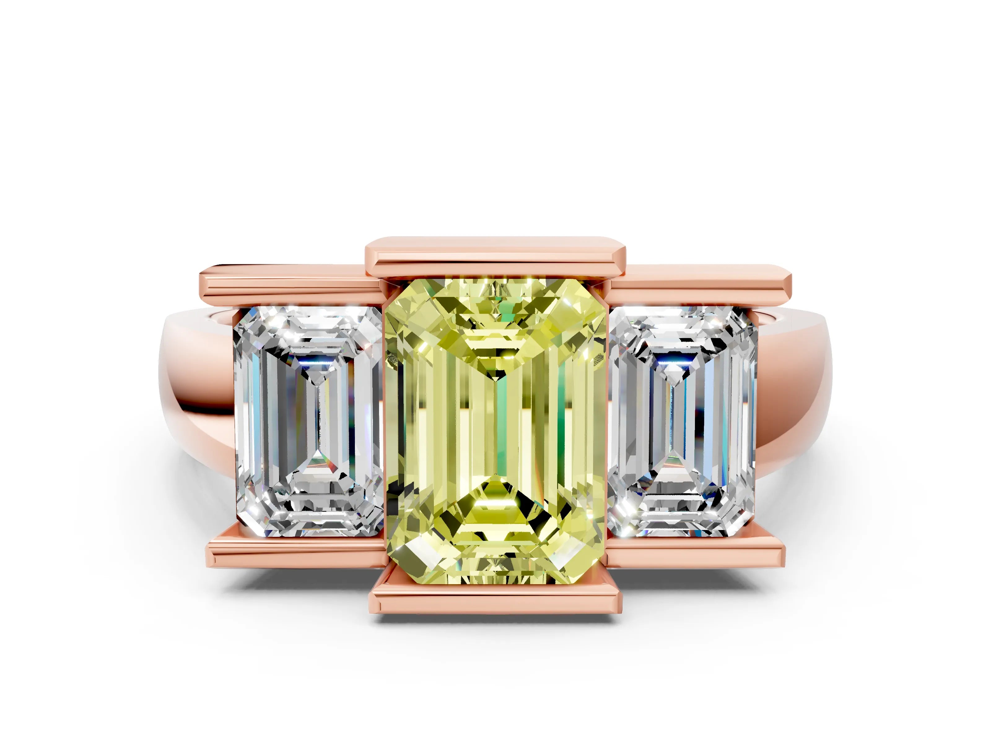 Rose gold Three Stone Fancy Yellow Emerald Cut Cut Channel Set Diamond Ring